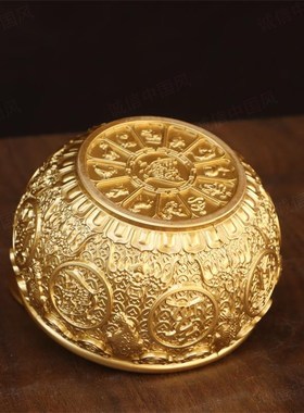 纯黄铜元宝金钱聚宝盆摆件家用桌面带盖金蟾元宝盆存钱罐装饰摆设