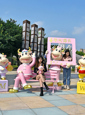 牛年玻璃钢卡通牛雕塑大型商场迎宾美陈摆件网红打卡相框拍照装饰