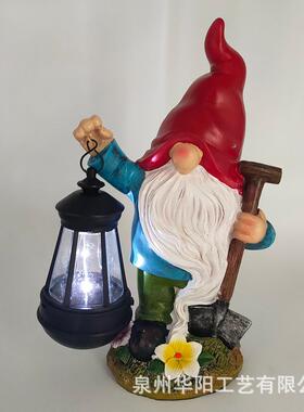 2023庭院装饰品花园太阳能小矮人摆件侏儒提灯精灵雕像树脂工艺品