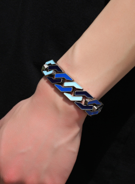 街头嘻哈男士合金宽版复古蓝色几何彩色hiphop个性手錬银欧美手镯