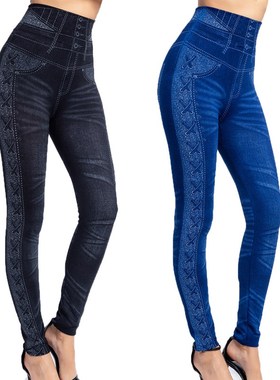 极速Plus Size 3XL High Waist Faux Denim Jean Leggings Slim E