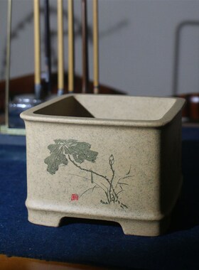 紫砂花盆正方四方精品手工刻绘绿植花卉盆景盆陆文梅名家盆
