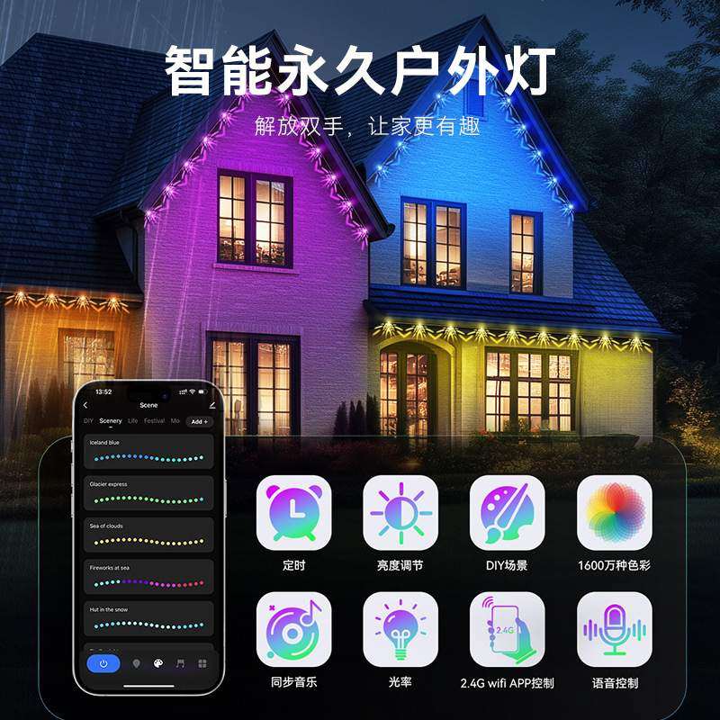 亚马逊户外屋檐灯RGB庭院装饰串灯led夜景防水室外氛围灯usb灯带,淘宝优惠券,粉丝福利购,淘宝优惠卷