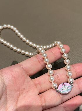 彩色搪瓷扣珍珠项链珐琅磁扣吊坠甜酷风小众磁吸锁骨链