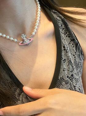 粉色珐琅珍珠土星项链吊坠choker锁骨链千玺辣妹甜酷颈链