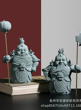 新中式门神摆件家居装饰品客厅门口茶艺玄关电视柜书房哼哈二将树