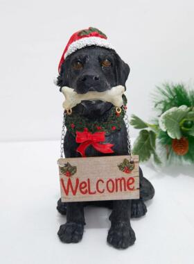 独立站新品戴圣诞老人帽子的假日欢迎牌狗黑色雕像树脂工艺品