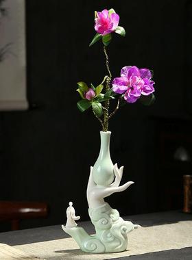 陶瓷佛手花瓶花插摆件家用线 线香插禅意莲花家居室内博古架装饰