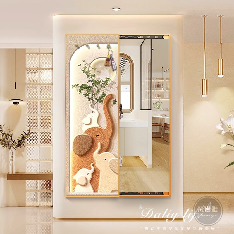 奶油风大象隐f形推拉全身镜玄关暗藏式翻开门穿衣镜带挂钩镜子挂 - 图2