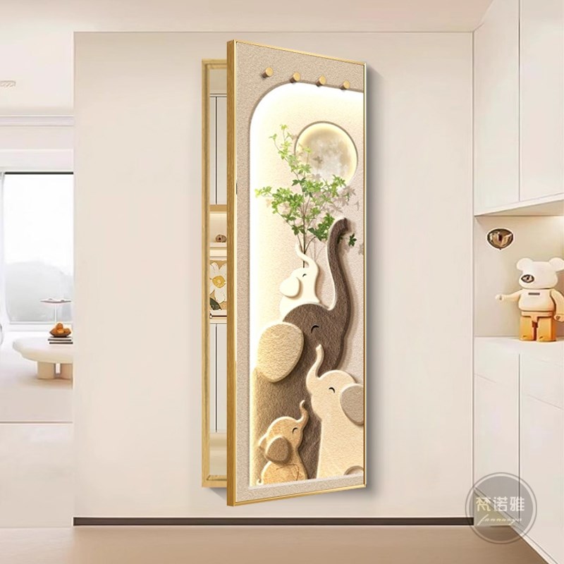 奶油风大象隐f形推拉全身镜玄关暗藏式翻开门穿衣镜带挂钩镜子挂 - 图3