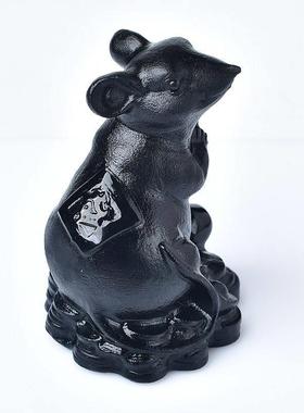 天然黑曜石色老鼠摆件玉雕刻十二生肖黑鼠客厅办公电视柜补角装饰