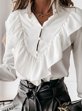 Women New Fashion Elegant V Neck Ruffle Dot Print Long Sleev