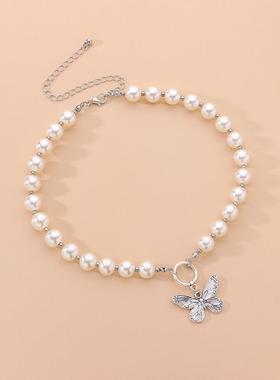 Antique Pearl Chain Necklace With Butterfly Pendant Charms S
