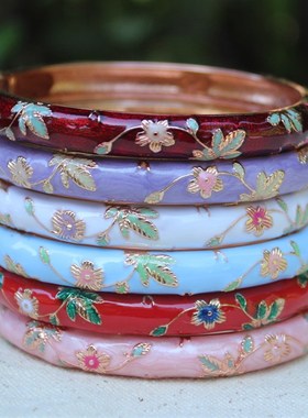 古风北京旅游礼品玫瑰彩金雕碎小花景泰蓝手镯手环送女友闺蜜母亲