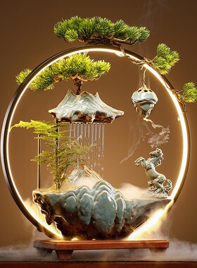 好货中式灯圈倒流香炉禅意招财流水摆件创意客厅办公桌面装饰开业