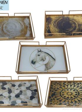 欧式轻奢金属托盘长方形美式复古家用客厅茶几Q水杯茶盘玻璃水果