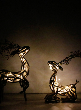 手工木质创意发光鹿卧室客厅装饰品D民宿工艺品办公区玄关桌面摆