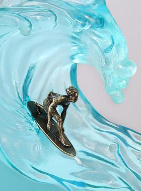 0家具装饰鲸鱼水母海洋冲浪办公室桌面艺术实木树脂夜光灯摆件礼