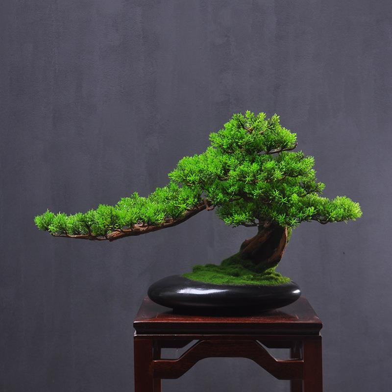 玄关迎客松盆景新中式家具客厅办公室茶室花架仿真绿植装饰品摆件 - 图0