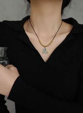 好货Black leather rope necklace mosaic love pendant necklace