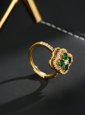 日韩小巧精致微镶绿色旋转锆石四叶花网红个性百搭超闪
