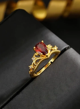 跨境新款轻奢气质小众设计皇冠底托红色点缀开口可调节戒指