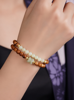 保真库克菩提和田玉双圈佛珠手链