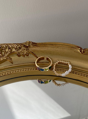 极速童趣彩虹爱心珍珠2件套戒指 小众设计小金珠弹簧开口戒复古高