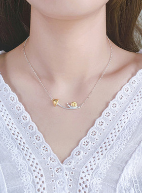 森系蜗牛蘑菇喷砂纯银项链个性气质女吊坠设计感小清新锁骨链项饰