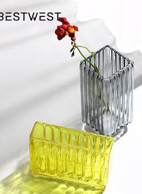 家居竖楞灰色扁形方缸玻璃花样板房玄关桌面软装饰品花器