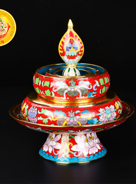 景泰蓝曼扎紫铜胎摆件小号红色曼扎盘带托盘