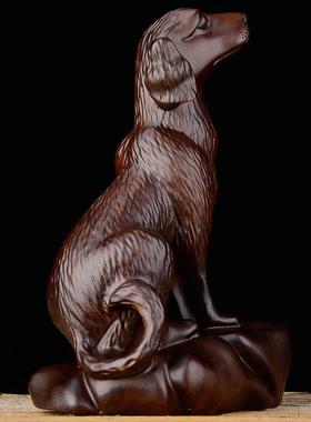 木雕摆件《招财狗》实木质雕刻动物生肖狗客厅装饰工艺品