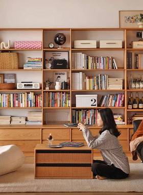 北美樱桃木书柜现代日式组合书架客厅全实木满墙带卡座落地书柜