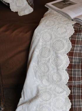 美拉德色系棕色格子水洗云绉色织双层纱花边四件套亲肤床品