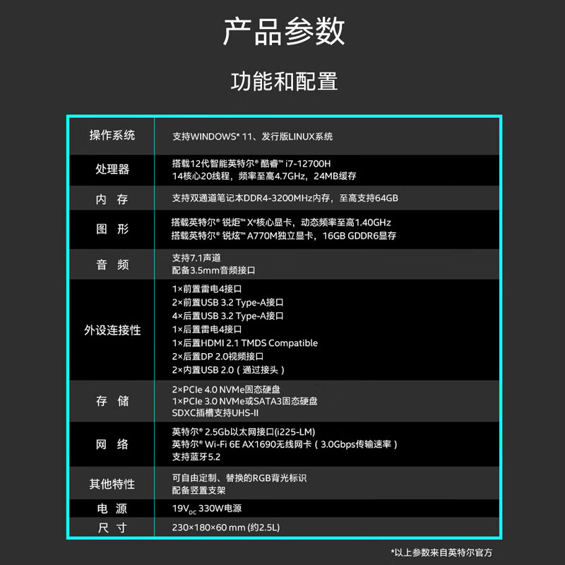 英特尔蝰蛇峡谷台式电脑NUC独显A770M迷你小主机I7-12700H锐炫显卡16G显存迷你电脑PC游戏办公设计主机 - 图3