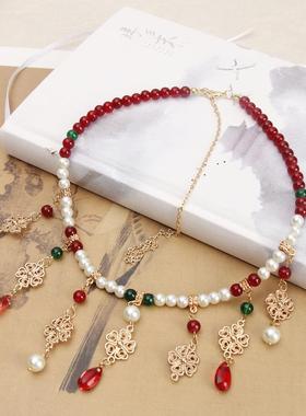 汉服项链璎珞配饰古风制珍珠软明女项圈风流苏唐长背云坦领古装宋