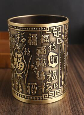 0黄铜精雕百福笔筒办公室创意桌面纯铜摆件书房金属工艺品铜器