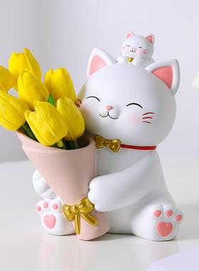 新款可爱创意樱花猫捧花收纳摆件玄关客厅卧室办工桌装饰摆件