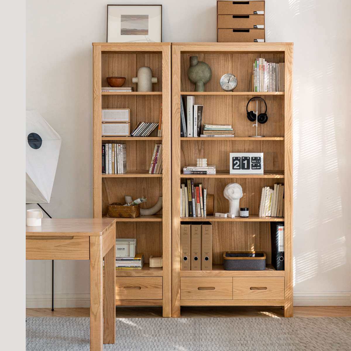 实木书架简约橡木抽屉式书柜家用书房置物架开放格展示柜,淘宝优惠券,粉丝福利购,淘宝优惠卷
