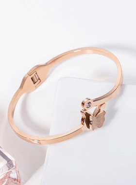 韩国饰品简约蝴蝶手镯女18K玫瑰金手环钛钢开口情侣首饰