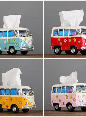 美式复古冲浪滑板巴士纸巾盒创意汽车纸巾抽纸盒铁艺模型摆件