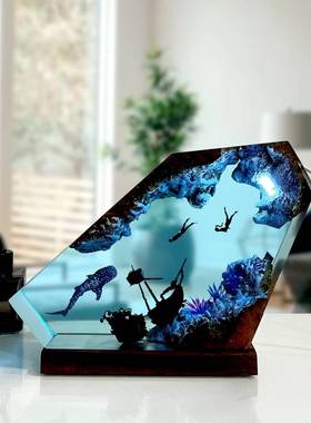 欧美爆款鲸鲨潜水员树脂灯沉船海洋主题 环氧树脂工艺礼品