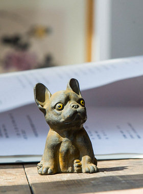 创意法斗小摆件法国斗牛犬t仿铸铁铁锈风桌面小摆设手工茶宠手把