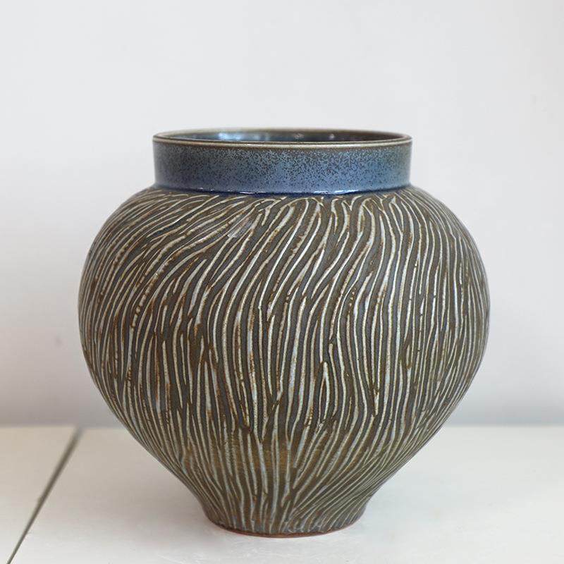 PCO手工雕装刻纹复古瓷台面花瓶侘禅意寂陶风陶罐摆件干花插花粗,淘宝优惠券,粉丝福利购,淘宝优惠卷