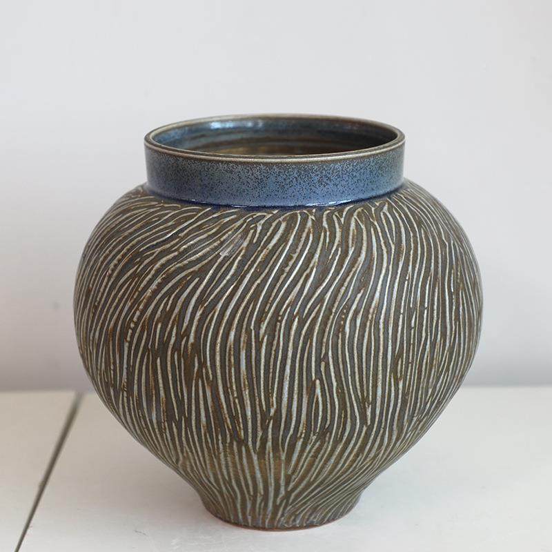 PCO手工雕装刻纹复古瓷台面花瓶侘禅意寂陶风陶罐摆件干花插花粗,淘宝优惠券,粉丝福利购,淘宝优惠卷