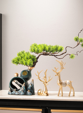 速发迎客松摆件新中式玄关桌柜台饰居葫芦收纳盒客厅电视茶装家品