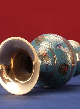 速发孔雀彩绘手客花摆瓶件佛前供花瓶净水瓶 铜花瓶工厅插花