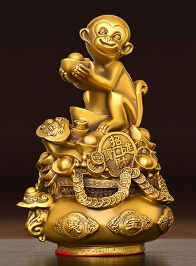 速发纯肖猴子摆件献宝福猴客厅办公室桌面猴品大号生铜礼聚宝盆猴