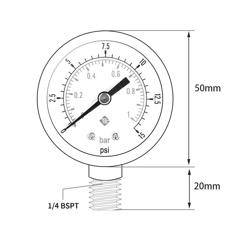 网红压力表 0-1bar 0n- 15psi1/4BSPT径向压力表可测气压水压液压 - 图1