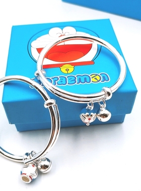 s990纯银手镯叮当猫蓝胖子机器猫铃铛手环女儿童宝宝满月生日礼物